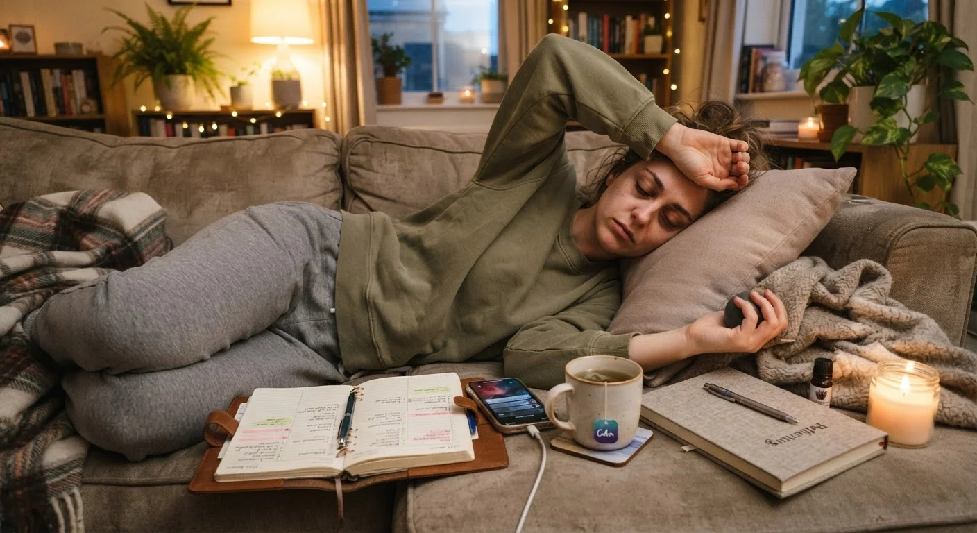 Exhausted woman lying on couch surrounded by planner, phone, and wellness items