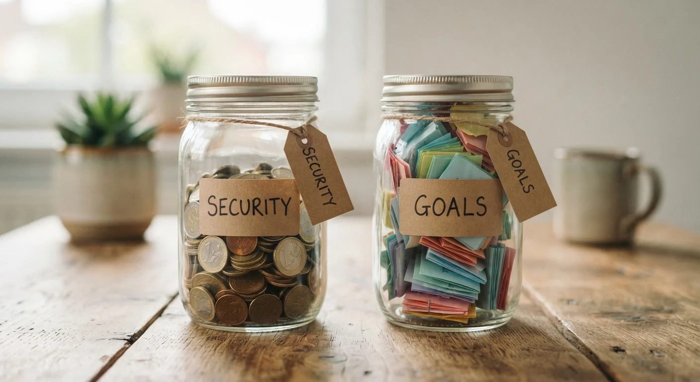 Two glass saving jars on a table, one for security and one for goals, representing different saving mindsets