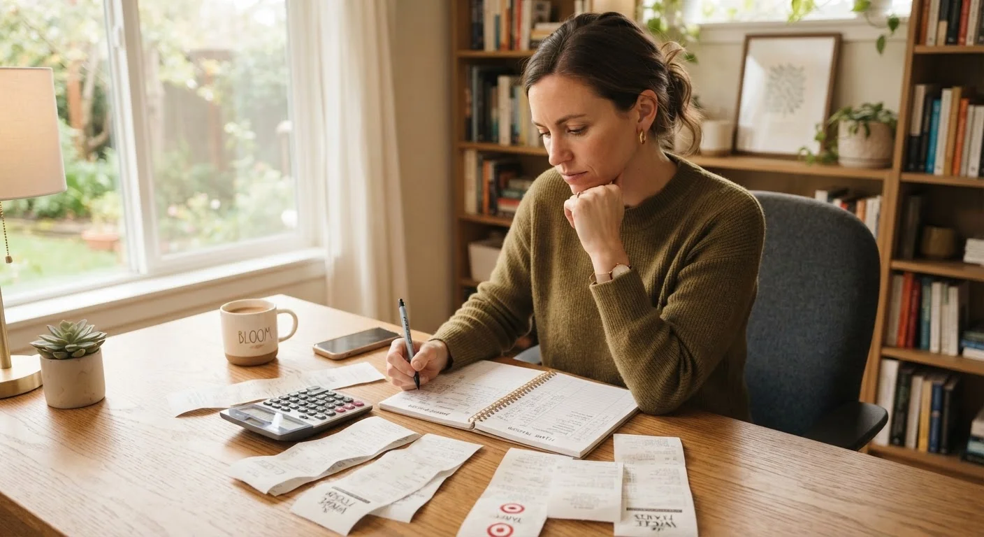 Woman reviewing finances at a home desk with notebook and calculator