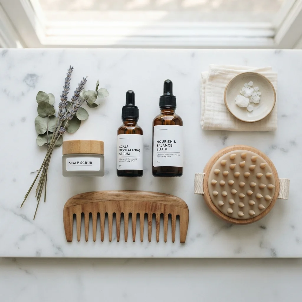 Scalp care tools and serums arranged on a clean marble surface in soft natural light