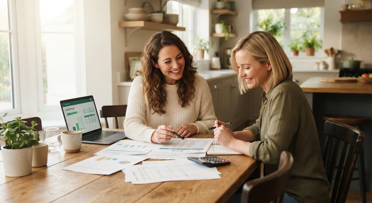 Two women reviewing shared household finances together at a bright kitchen table.