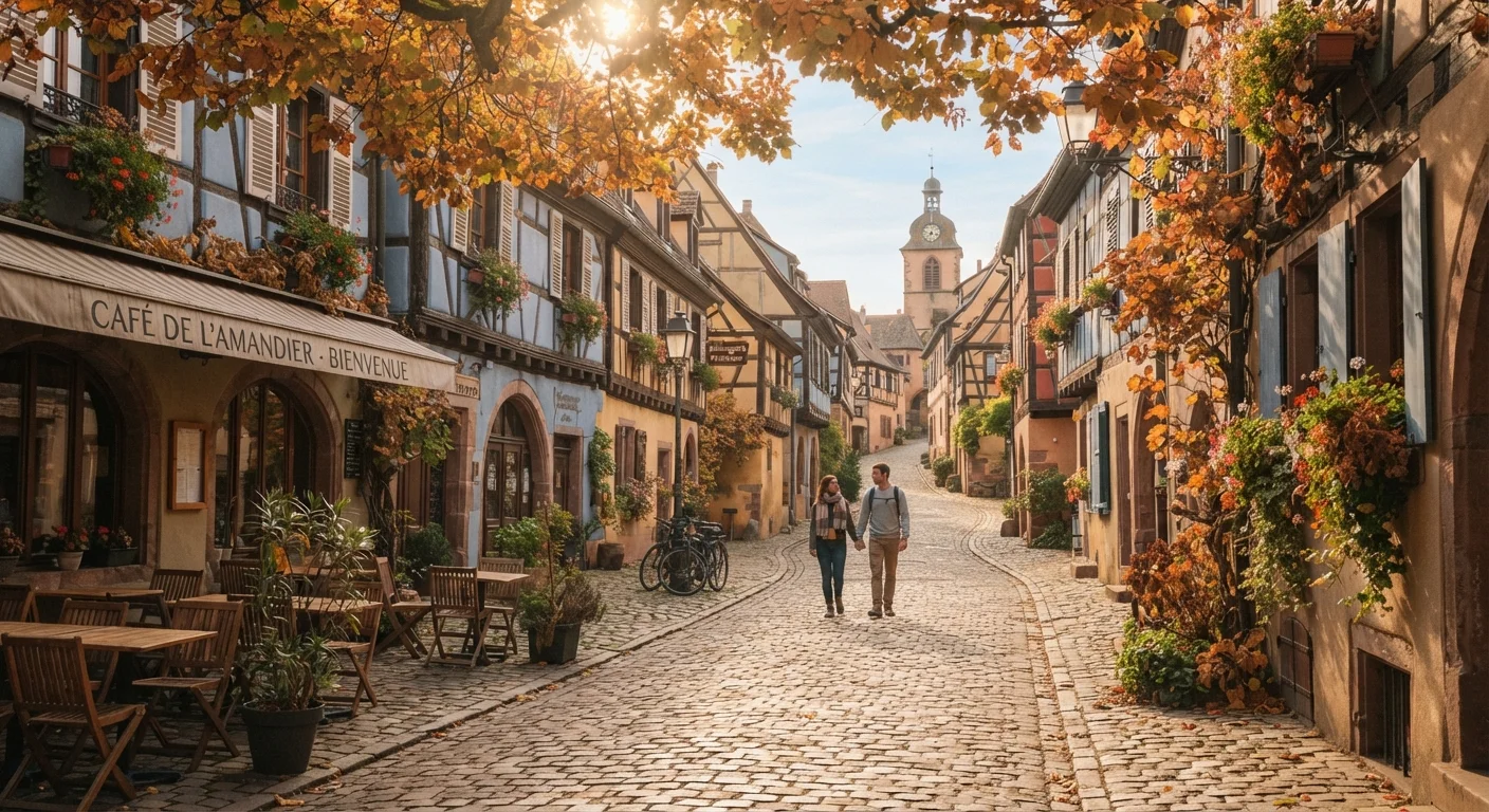 Empty cobblestone street in a European town bathed in warm autumn light with café terraces