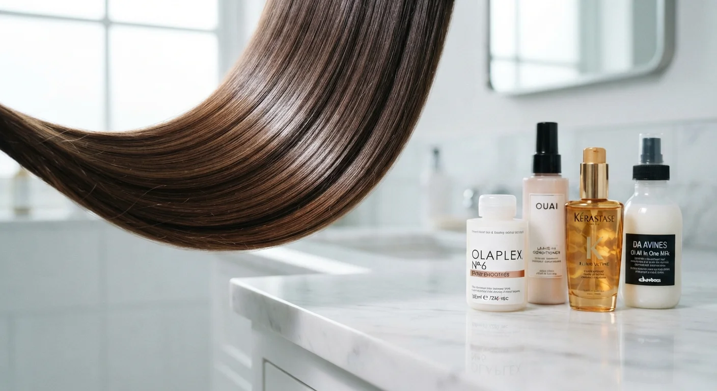 Shiny, smooth hair strands next to hair care products on a marble surface
