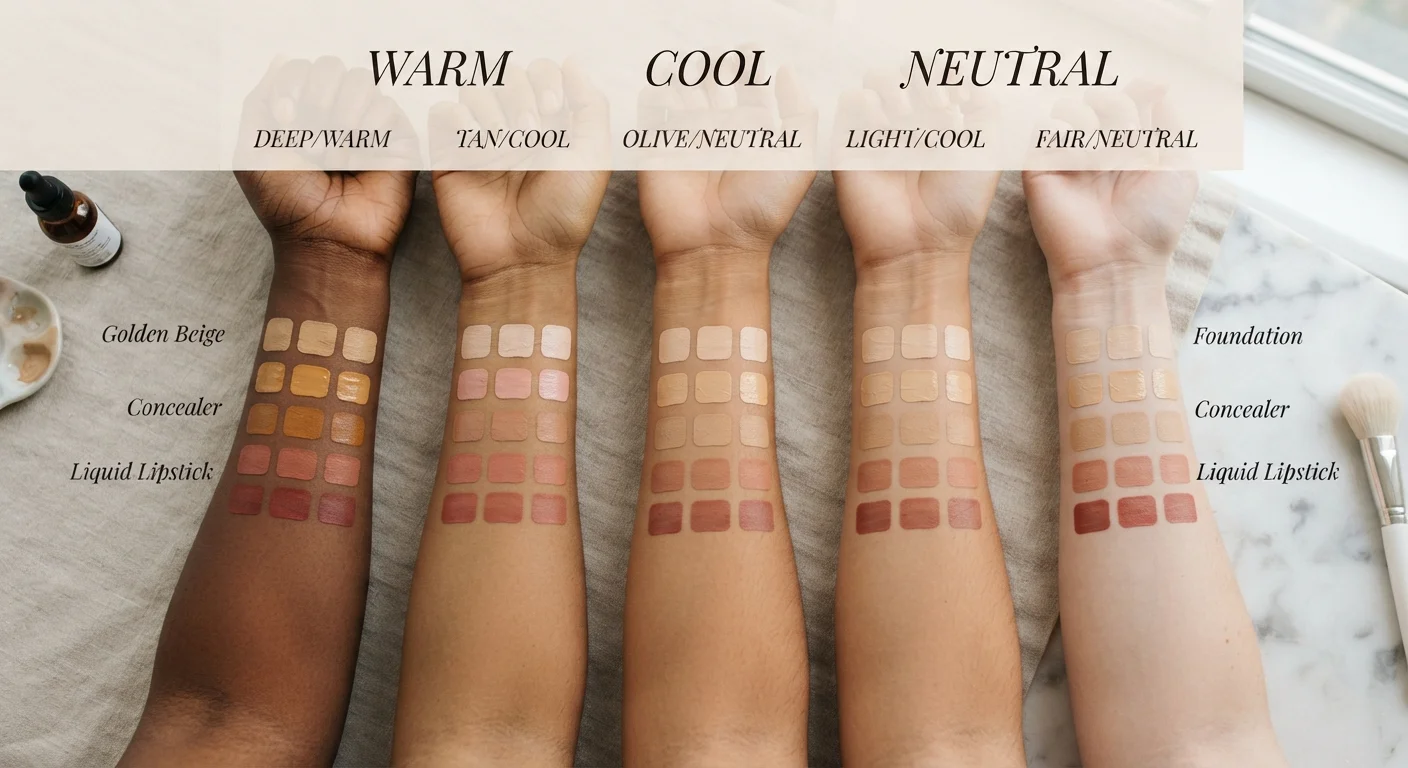Foundation and concealer swatches on skin showing warm, cool, and neutral undertone variations