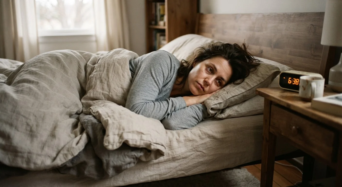 Tired woman lying awake in bed in soft morning light with rumpled sheets