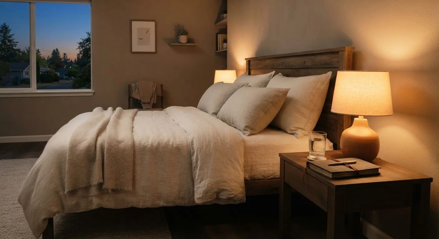 A softly lit, tidy bedroom with a glowing nightstand lamp, glass of water, and journal suggesting a calming sleep environment