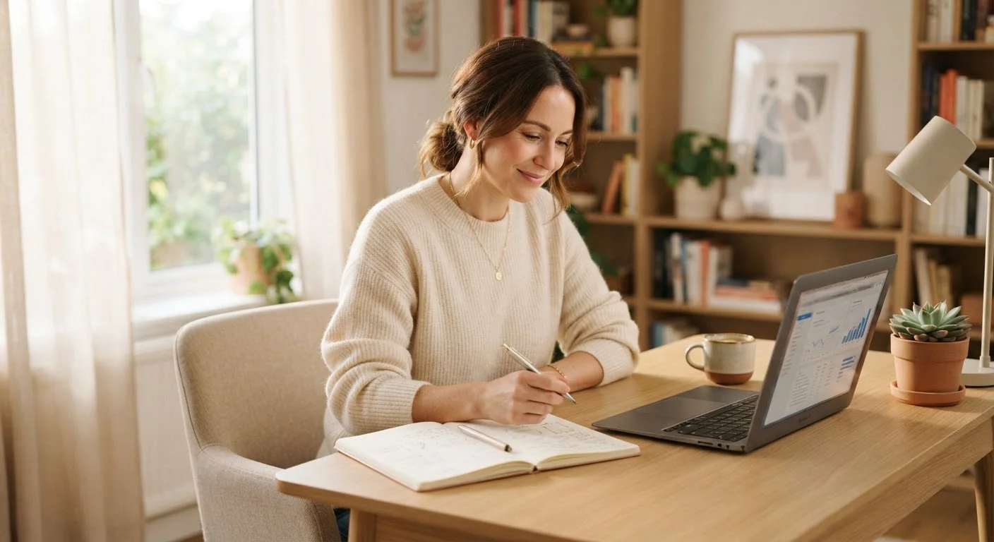 A woman confidently reviewing financial information on a laptop at a clean, sunlit desk