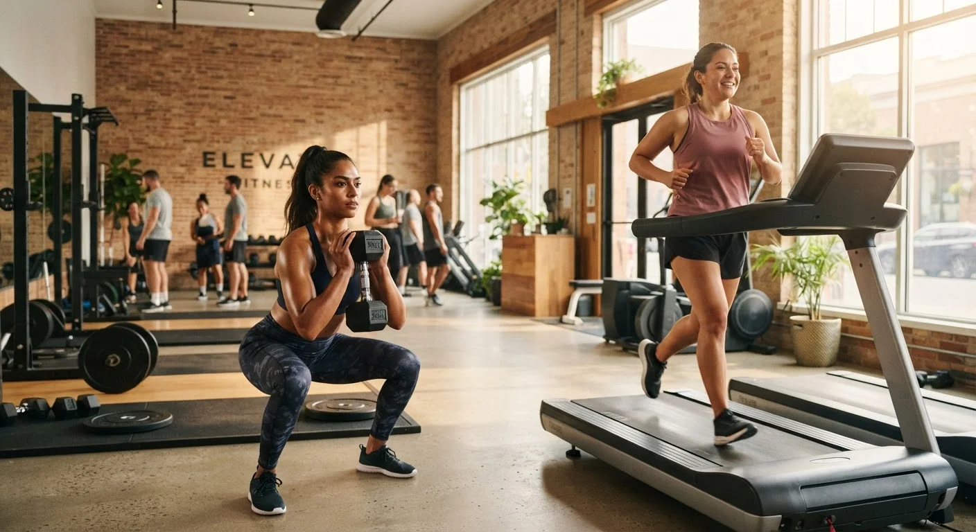 Two women exercising side by side — one lifting weights, one doing cardio on a treadmill.