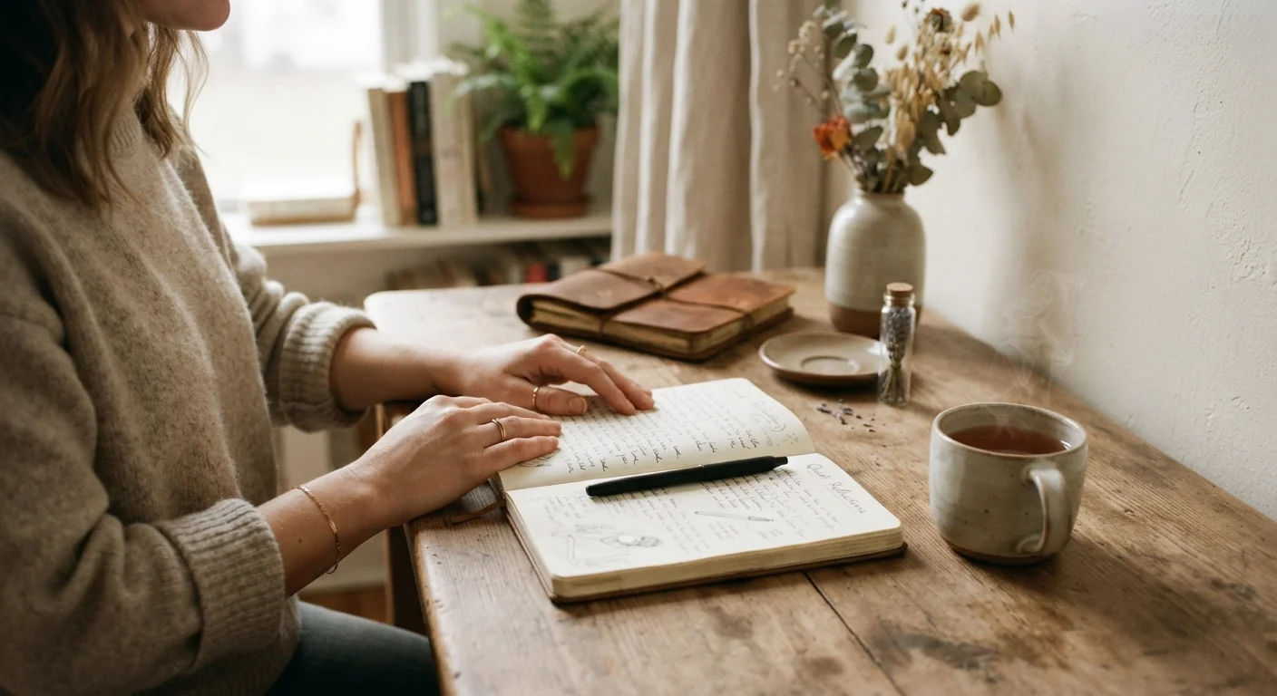 Woman's hands resting beside an open journal and a warm cup of tea on a desk