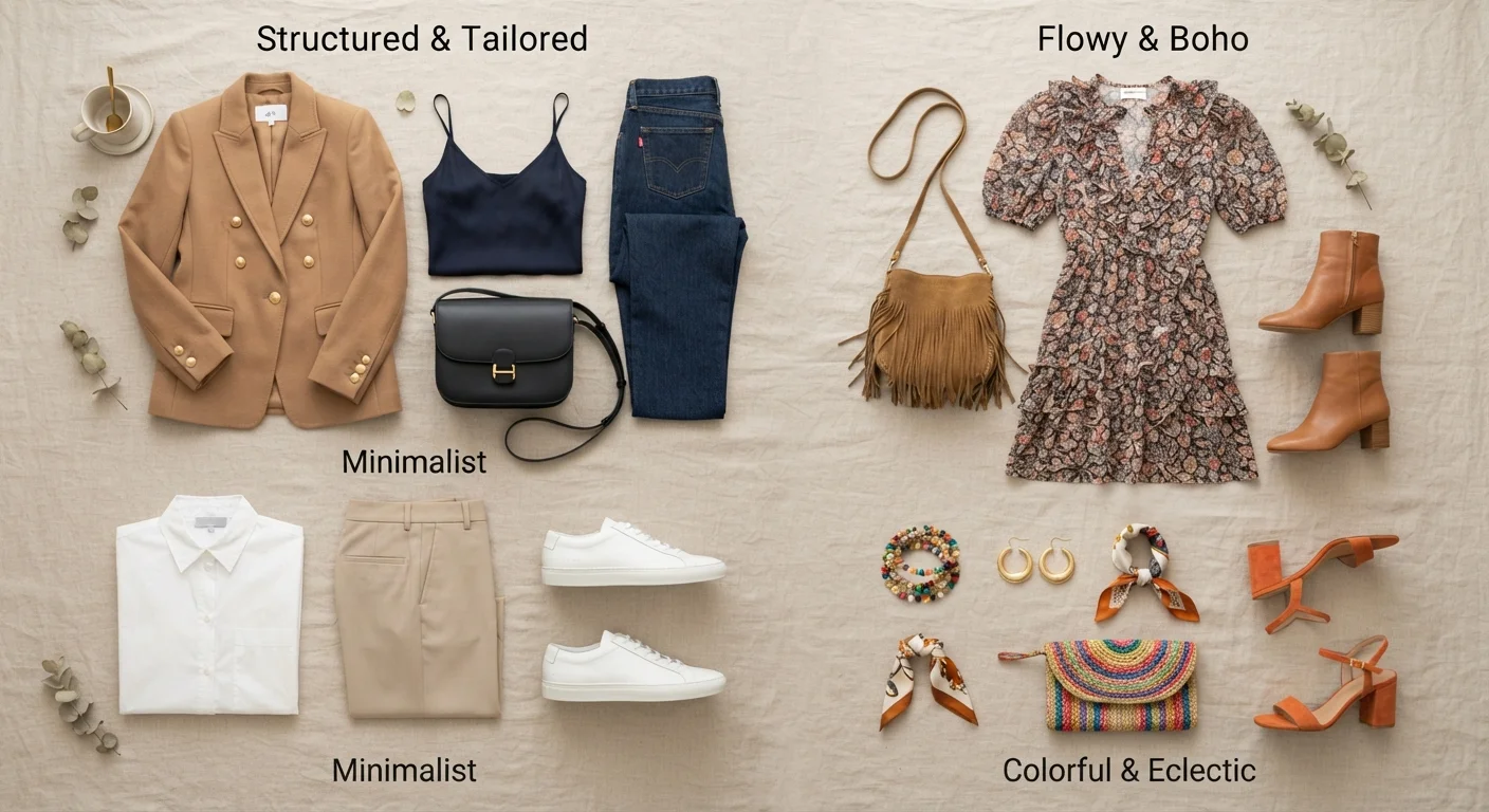 Flat lay of clothing representing different style archetypes from classic to eclectic.