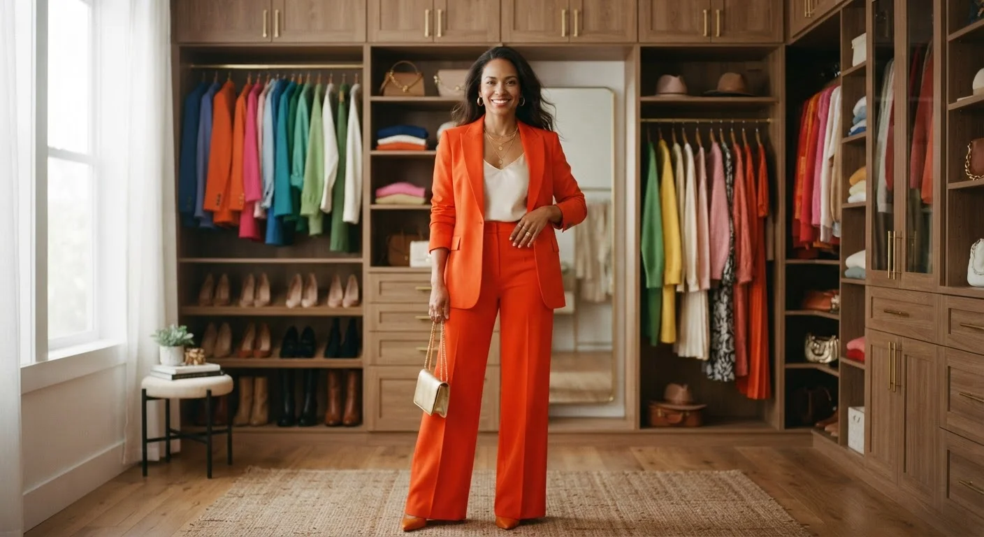 Confident woman in a colorful outfit standing in front of an organized wardrobe
