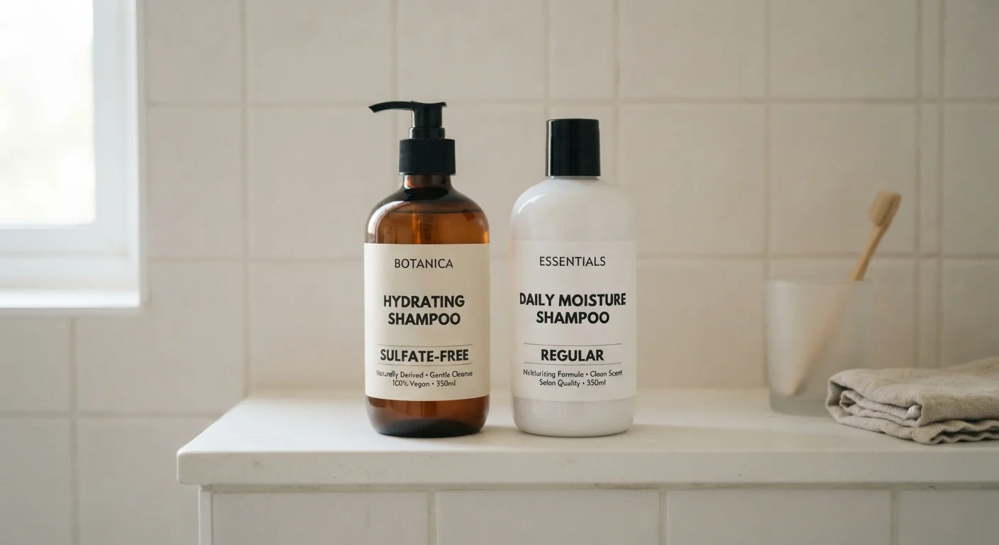 Two shampoo bottles side by side on a white bathroom shelf representing sulfate-free and regular shampoo options