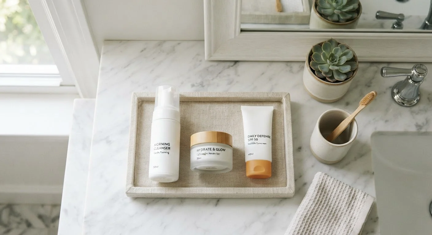 Minimalist morning skincare products arranged in order on a clean countertop.