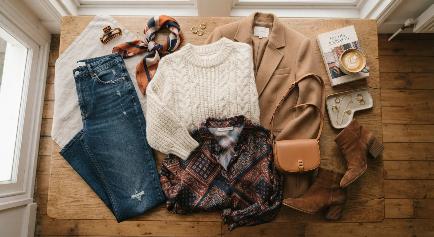 Flat lay of clothing pieces displaying contrasting textures, bold patterns, and distinct silhouettes arranged artfully.