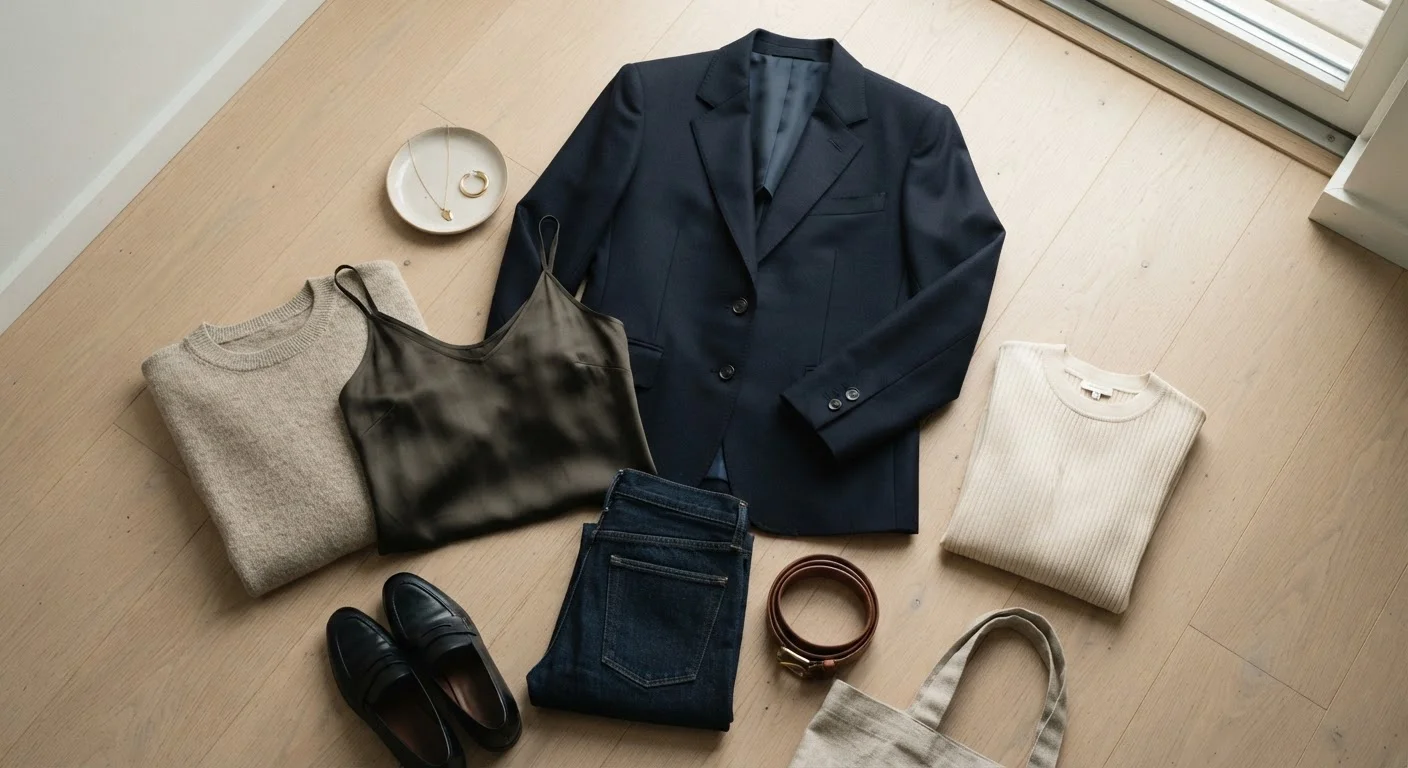 Flat lay of clothing pieces in varied textures demonstrating proportion and fit principles