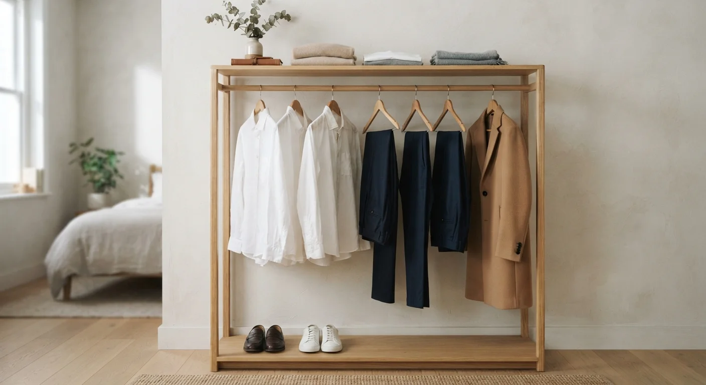 A minimalist wardrobe with a small curated selection of neutral, versatile clothing pieces