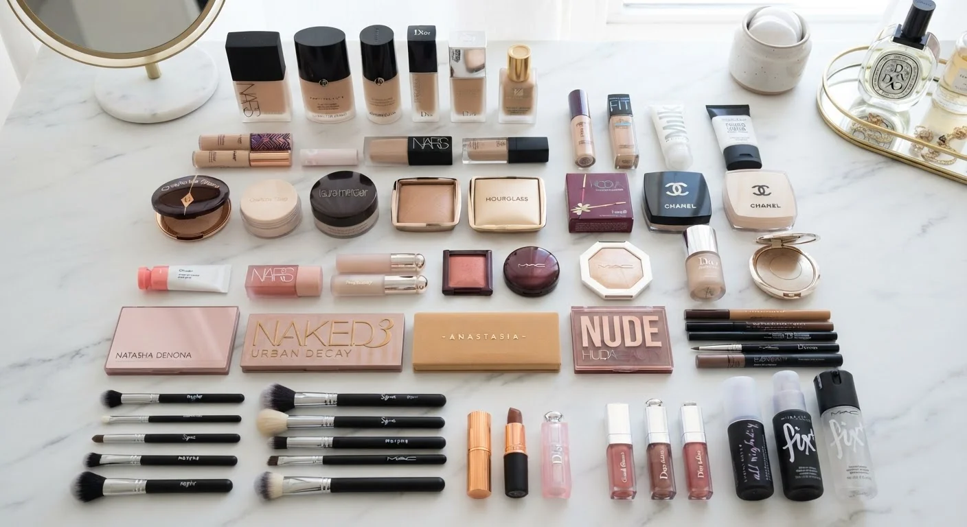A flat-lay arrangement of full makeup products on a white vanity surface in soft light