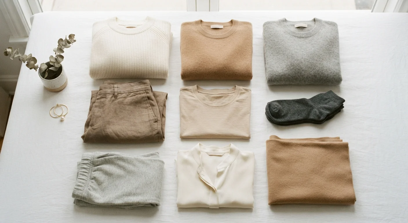 Flat lay of folded neutral-toned clothing pieces in ivory, camel, grey, and taupe on white surface