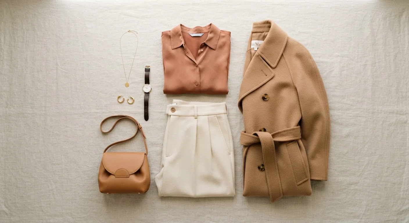 Flat lay of a colour-coordinated outfit with neutral cream trousers, terracotta top, and camel coat