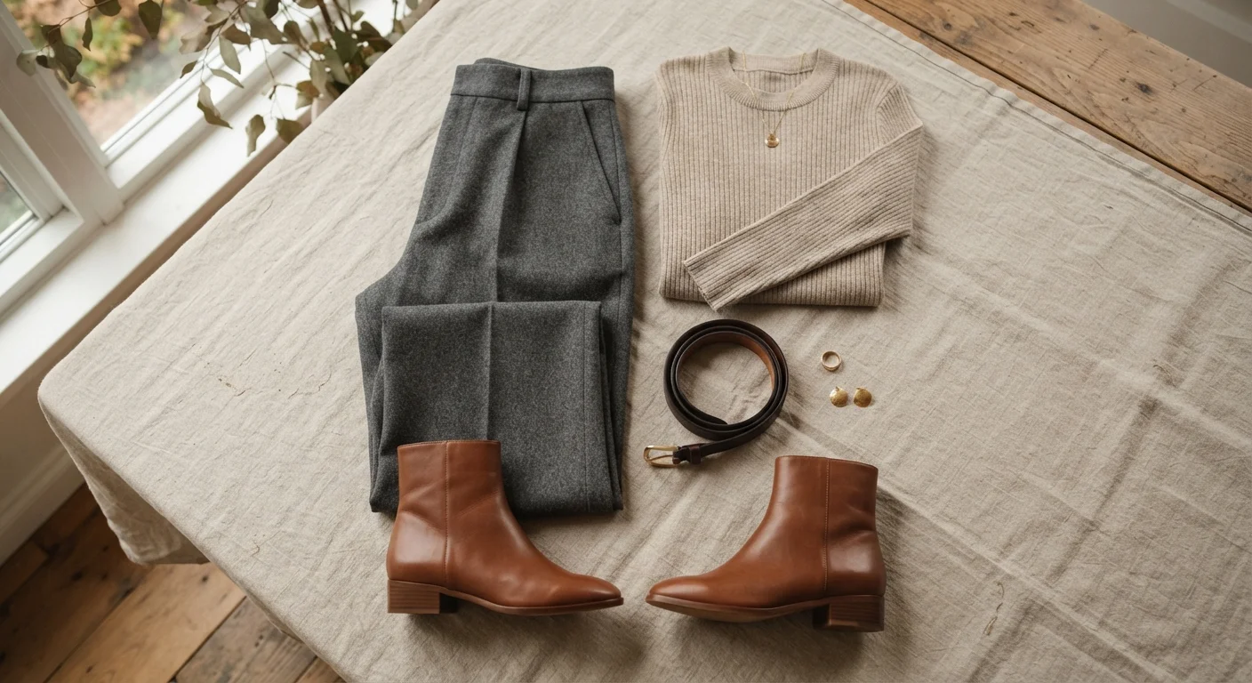 Flat lay of a classic everyday outfit with trousers, knit top, belt, and ankle boots on neutral background