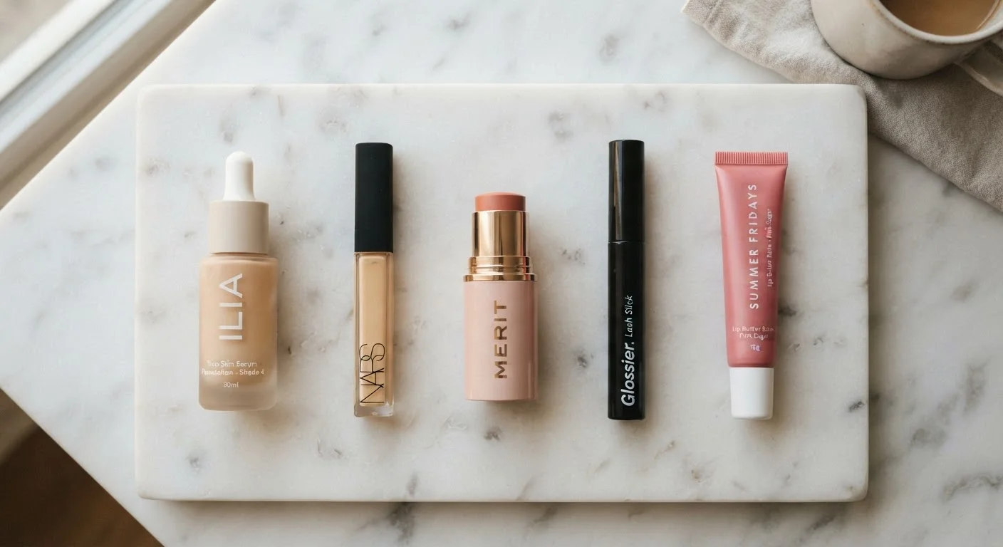 Five essential everyday makeup products arranged in a clean flat lay on marble