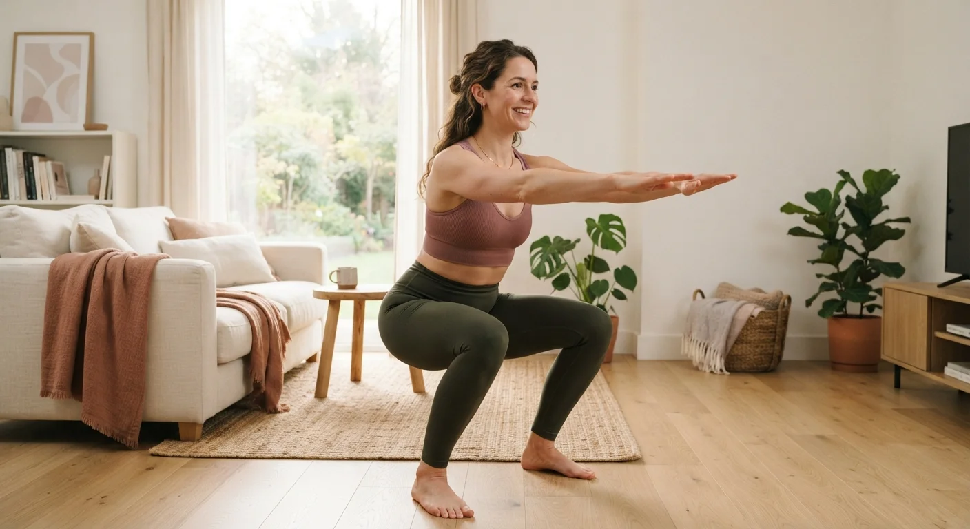 Woman in activewear performing a bodyweight squat in a bright, minimal home space.