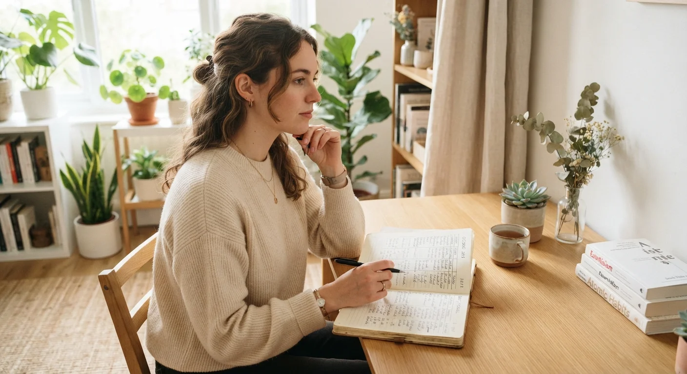 Woman reviewing a values-based budget journal at a tidy wooden desk with plants nearby.