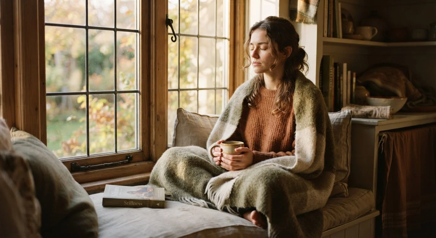 Woman sitting at a sunlit window with a warm mug, eyes closed, looking quietly contemplative