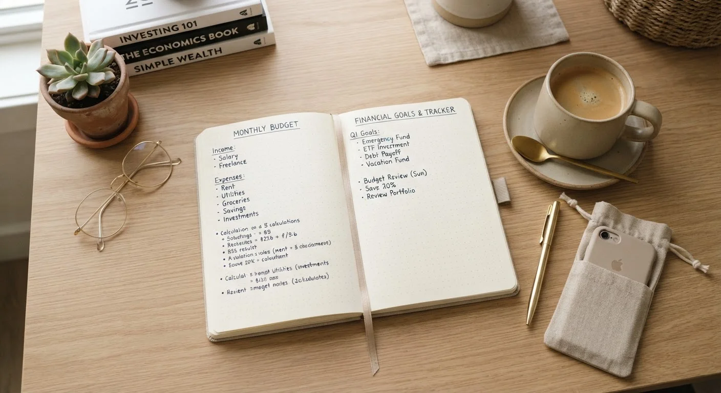 Open notebook with financial wellness terms written neatly on a tidy desk