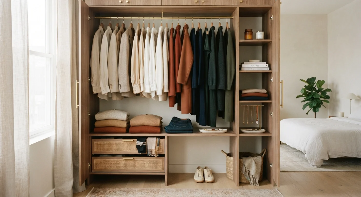 An organized wardrobe with curated clothing arranged by color and style, bathed in soft natural light