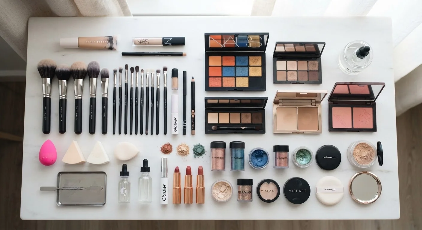 Professional makeup brushes, palettes, and sponges arranged on a clean white surface.