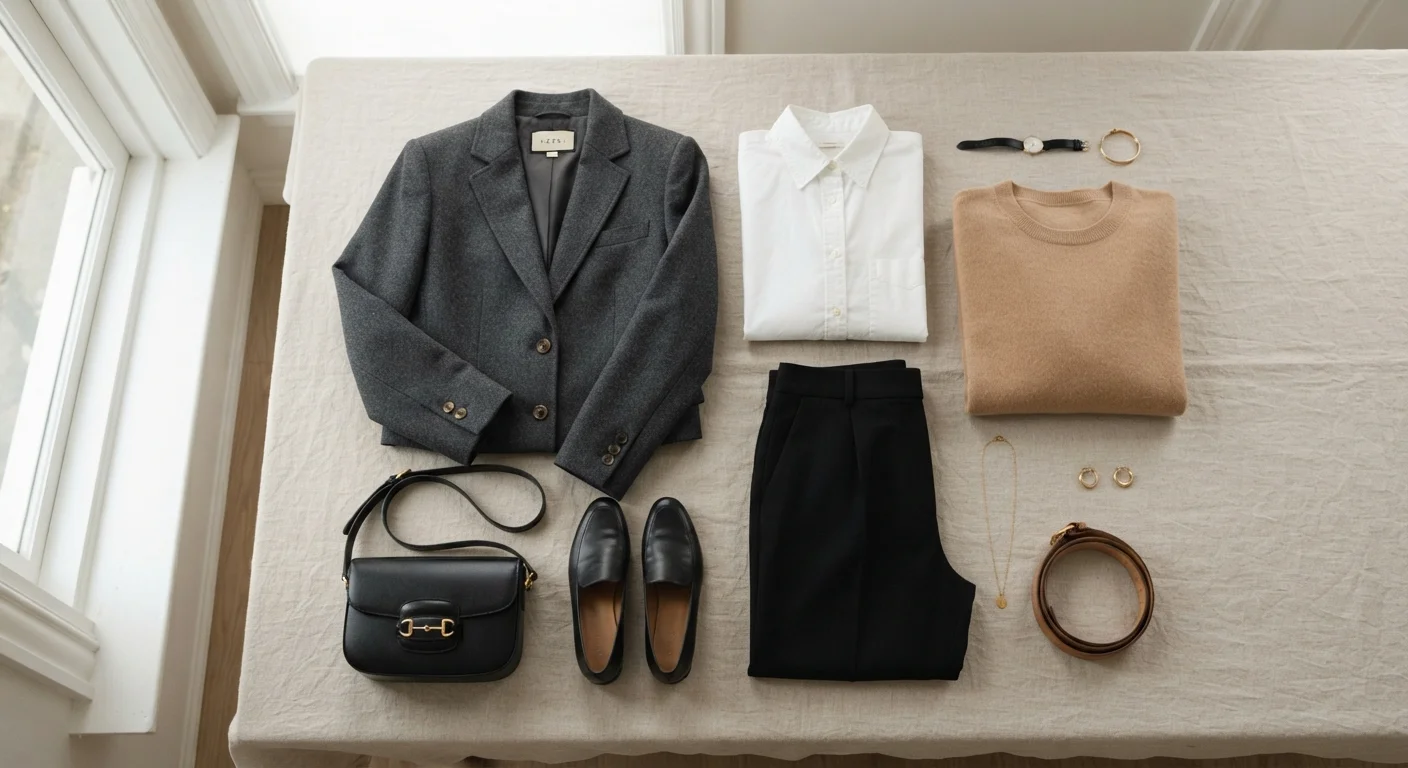 Flat lay of versatile wardrobe essentials arranged on a neutral linen background