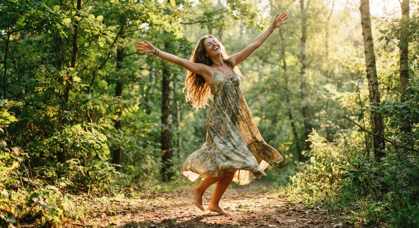 A woman dancing joyfully outdoors in morning light among green trees