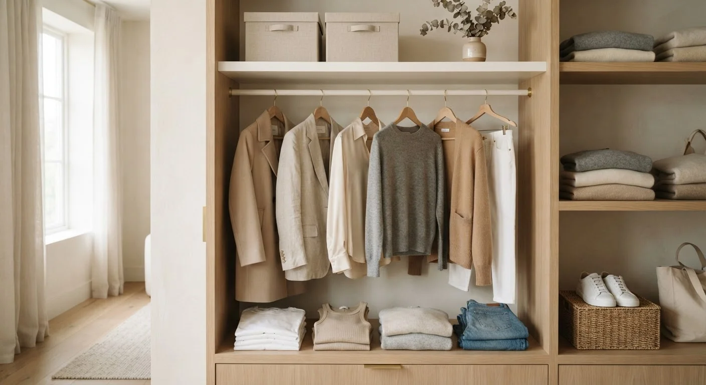 A minimal, organized wardrobe rail with neutral-toned clothing pieces and folded basics on shelves