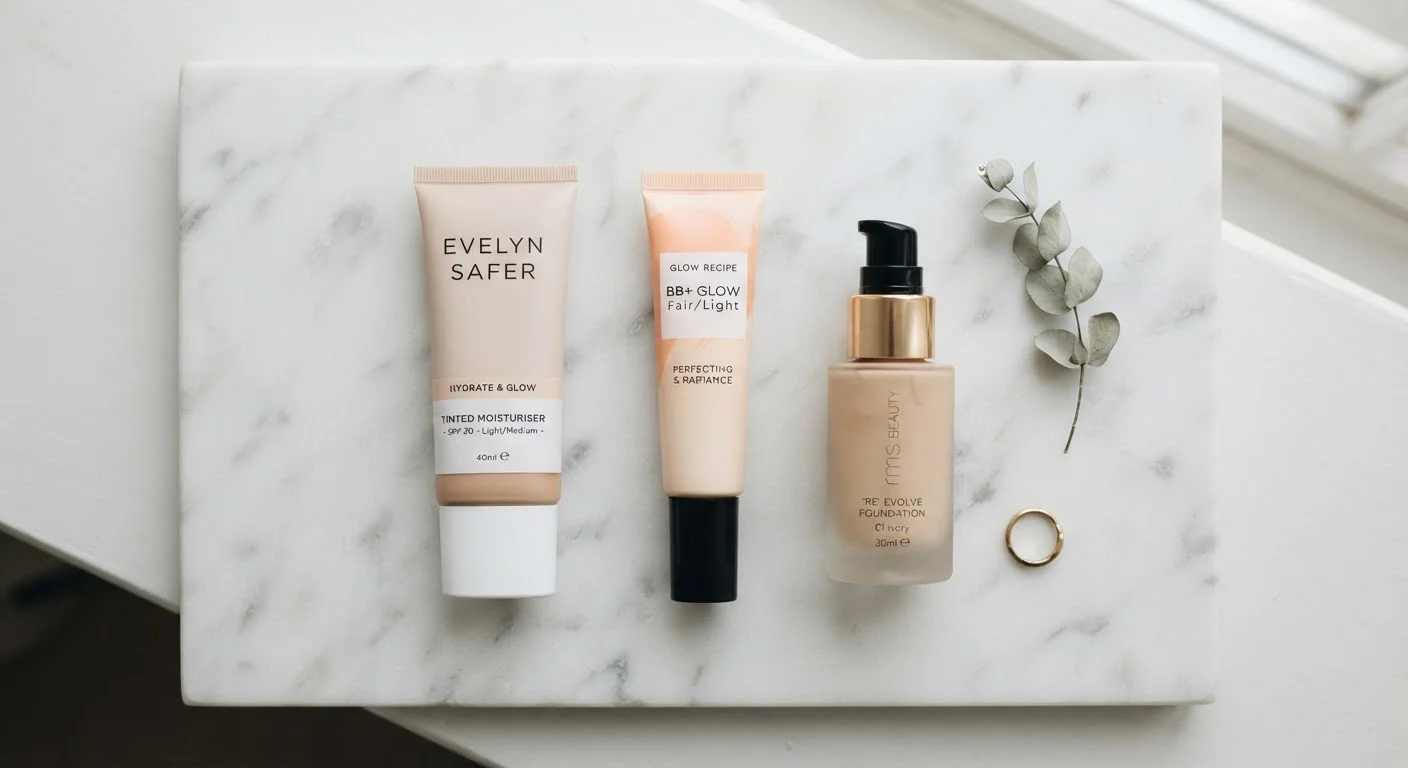 Three face base products — tinted moisturiser, BB cream, and foundation — arranged on a marble surface