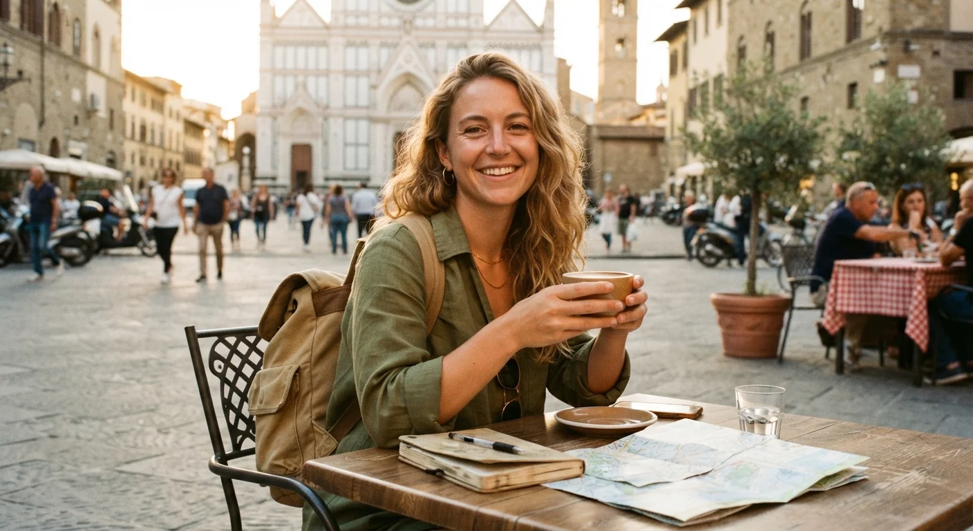 A woman sitting at an outdoor café in a European piazza with a travel map and coffee.