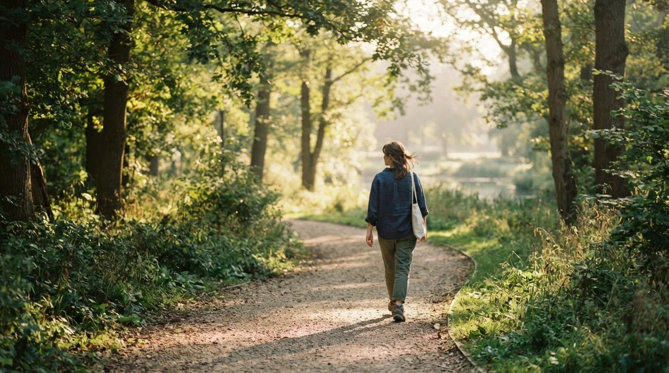 A woman walking at a relaxed pace along a tree-lined park path in soft morning light