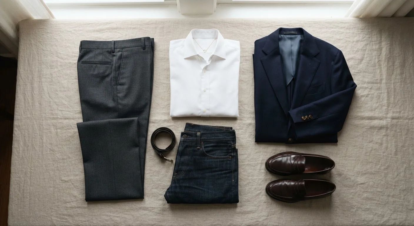 Flatlay of classic wardrobe anchor pieces including trousers, white shirt, blazer, and loafers.