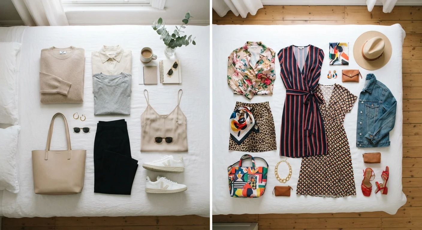 Flat lay of clothing grouped by style philosophy — minimal neutrals beside expressive colorful pieces