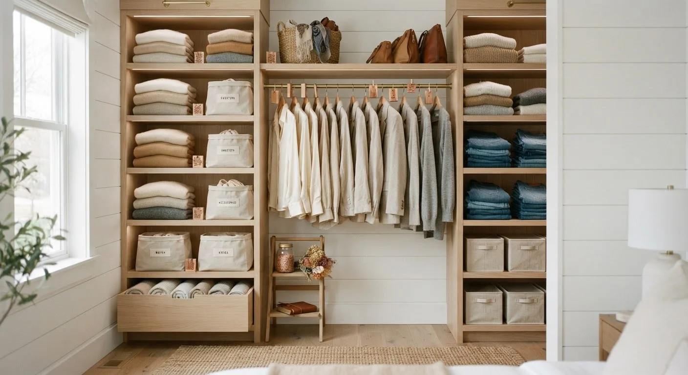 An organized closet with neatly folded clothes, hanging garments, and fabric storage bags