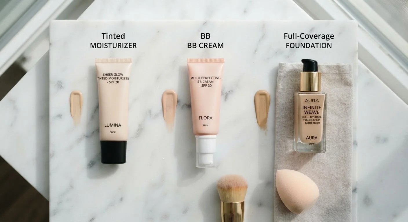 Makeup products arranged by coverage level on a white marble surface in soft light