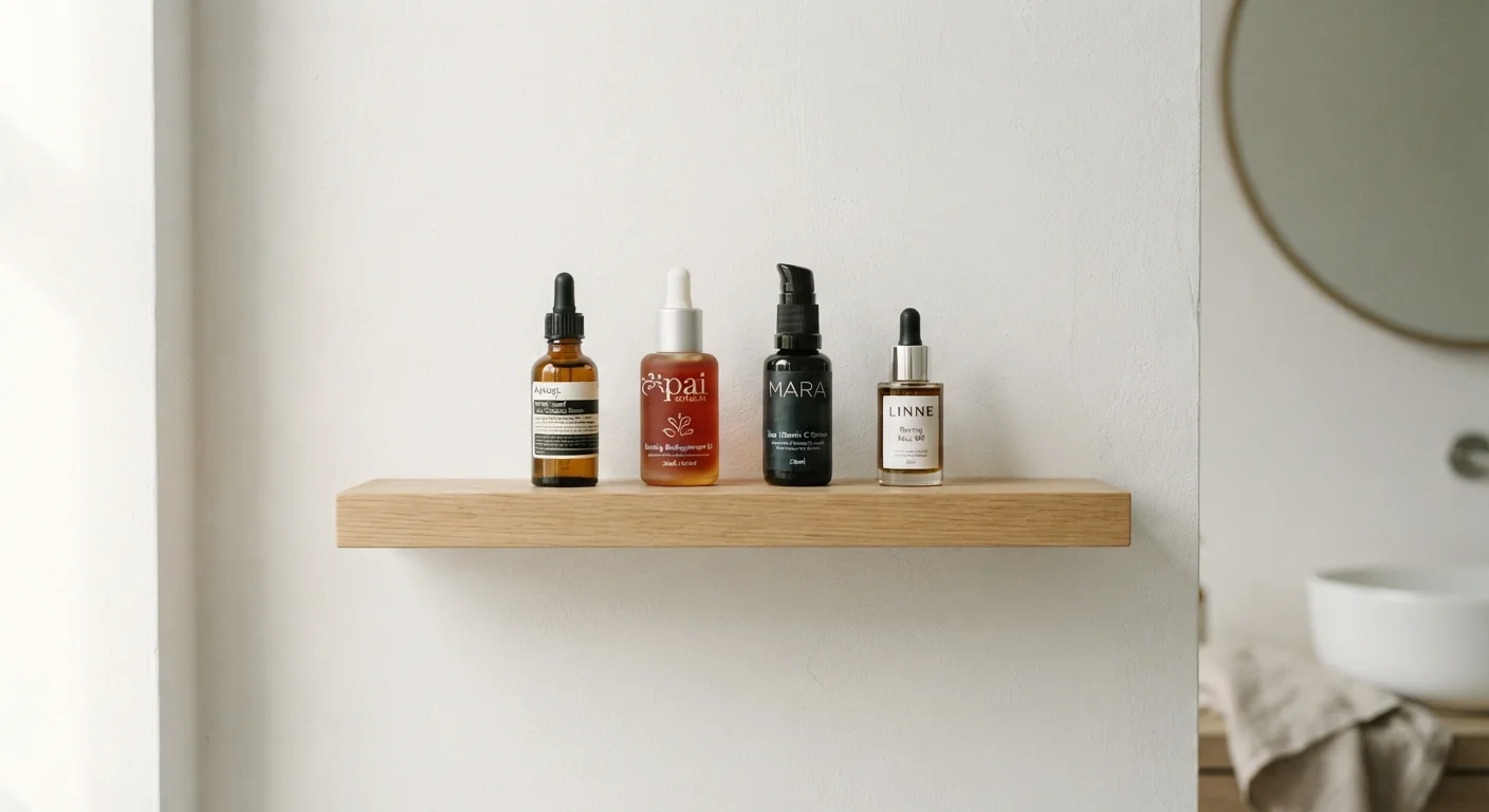 A clean bathroom shelf holding just a few essential skincare products in morning light