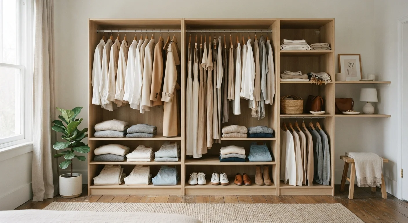 Organized wardrobe with neutral clothing arranged by category in soft natural light.