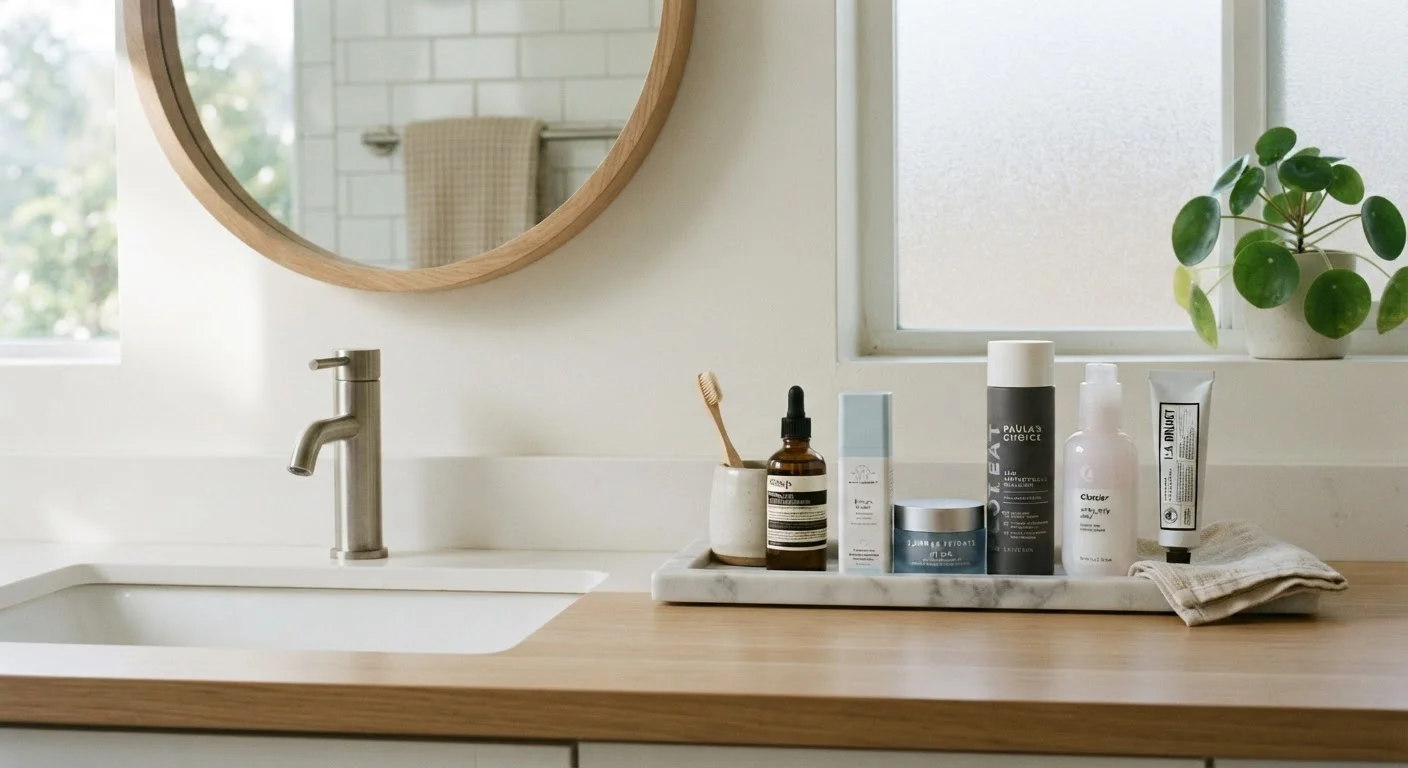 Neatly arranged skincare bottles on a bathroom countertop in soft morning light.