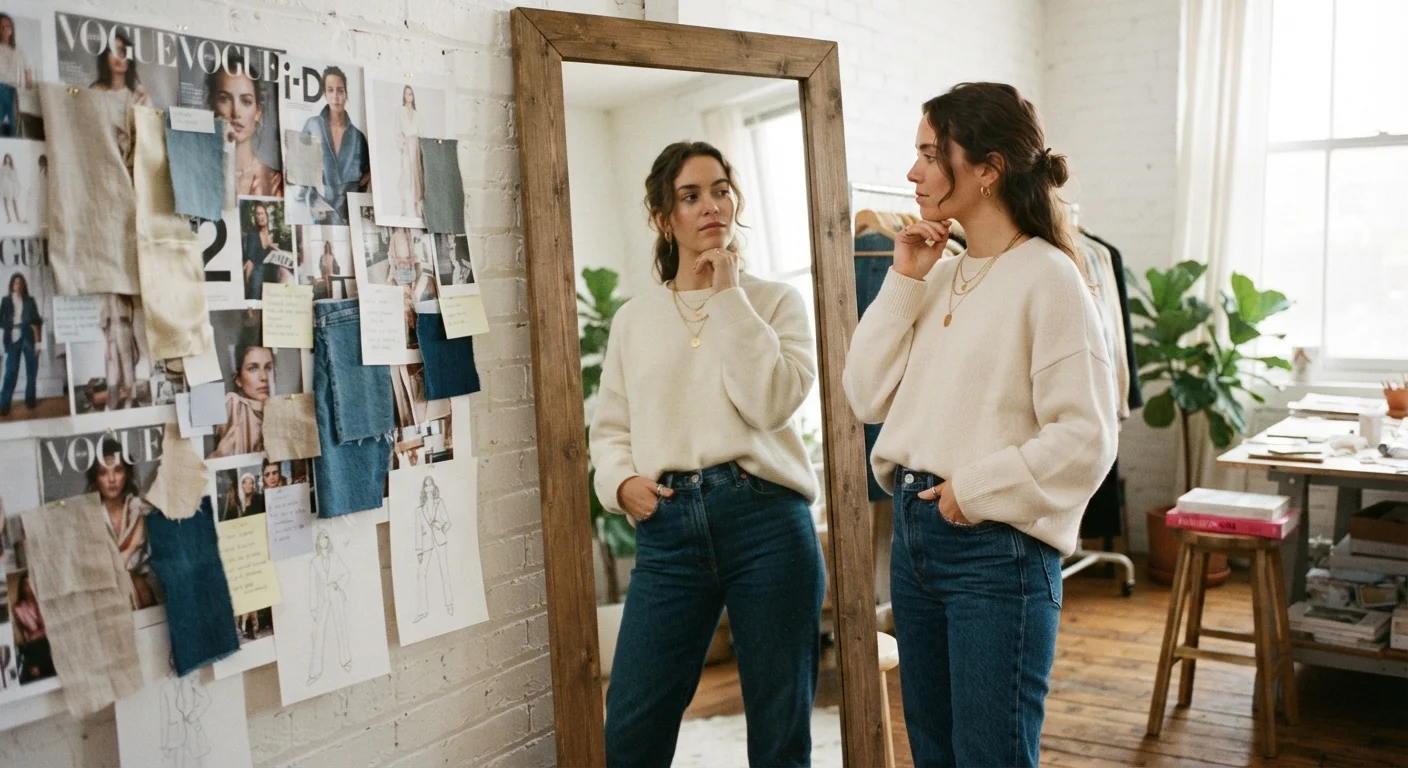 Woman examining her reflection in a mirror next to a personal style mood board