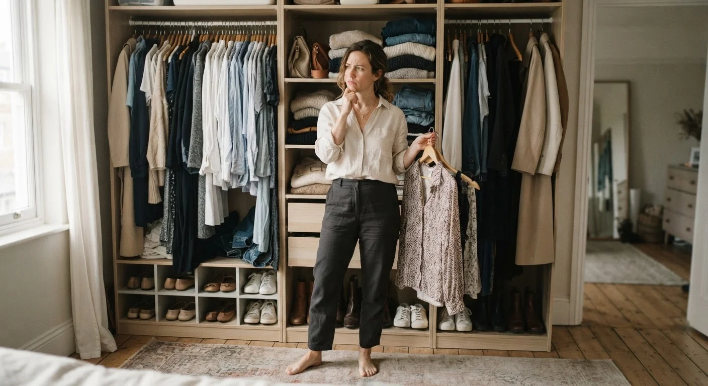A woman standing before a full closet looking overwhelmed and unable to choose an outfit