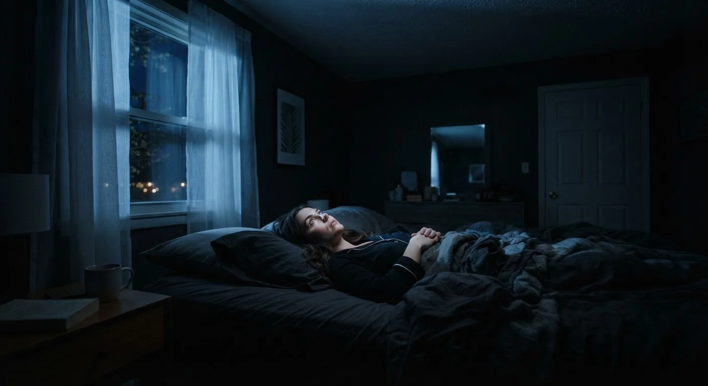 Woman lying awake in a dark bedroom at night, unable to sleep due to racing thoughts