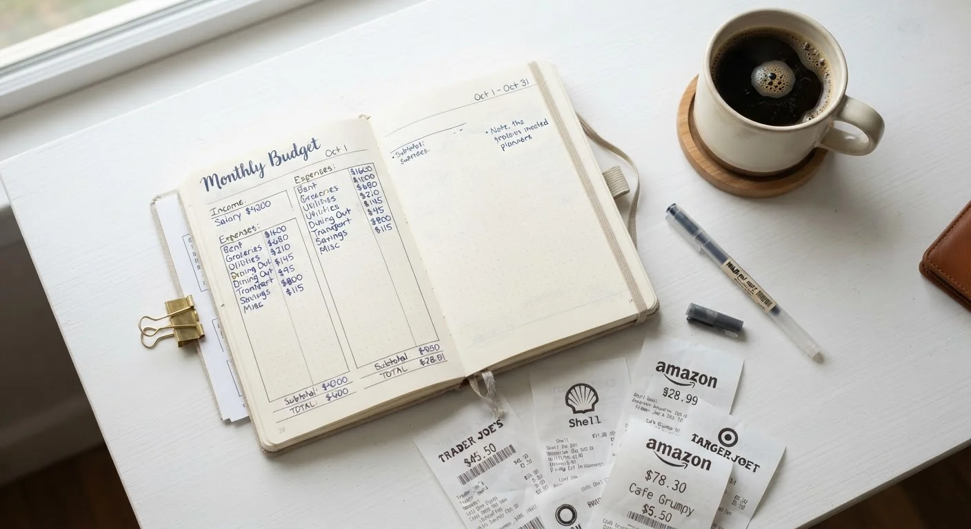 Open budget planner notebook with handwritten figures, receipts, and a pen on a white desk