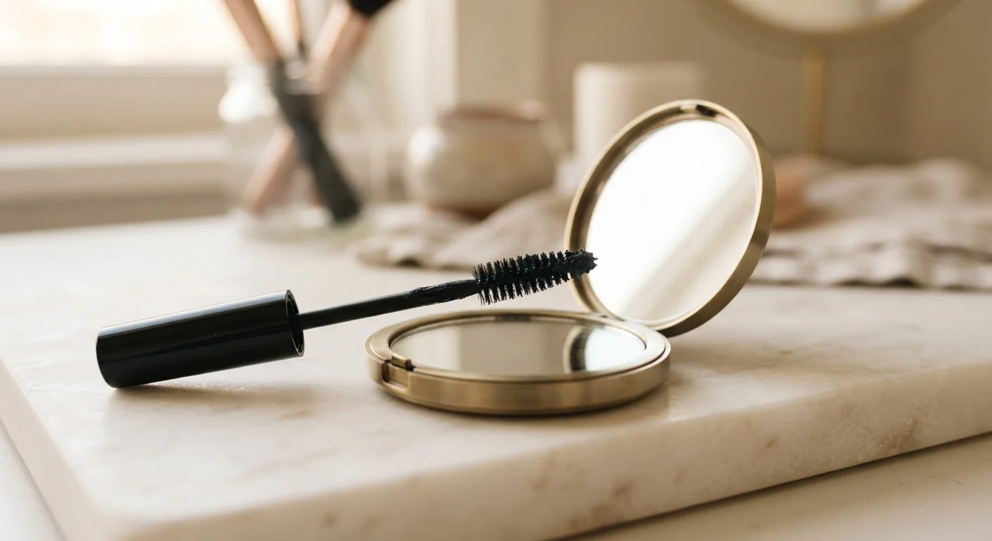 A mascara wand resting against a mirror on a clean vanity surface in soft light