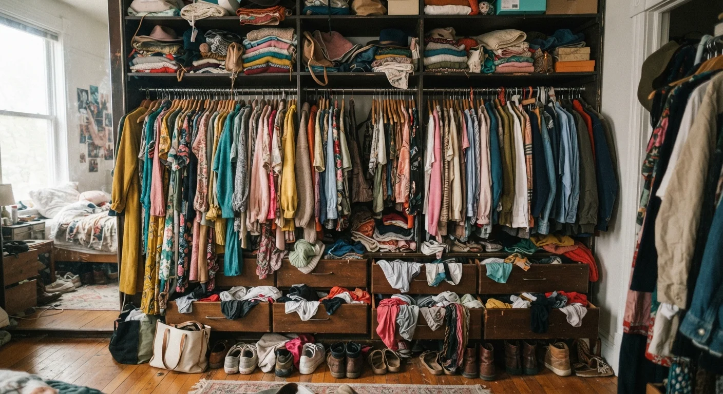 An overfull closet with mismatched clothing items hanging in disarray despite being organized